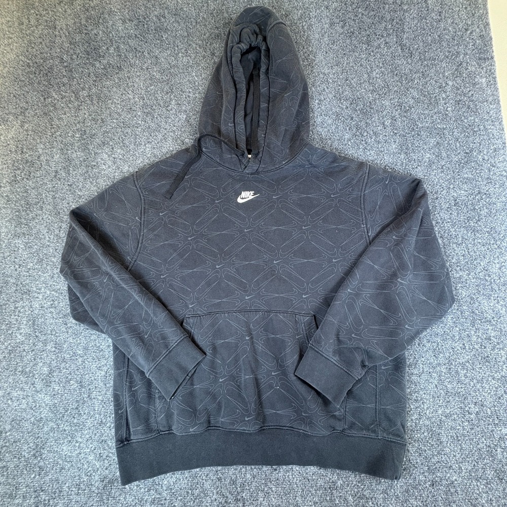 Nike Sportswear Club Fleece Hoodie Men Large Black All Over Swoosh Logo Pullover